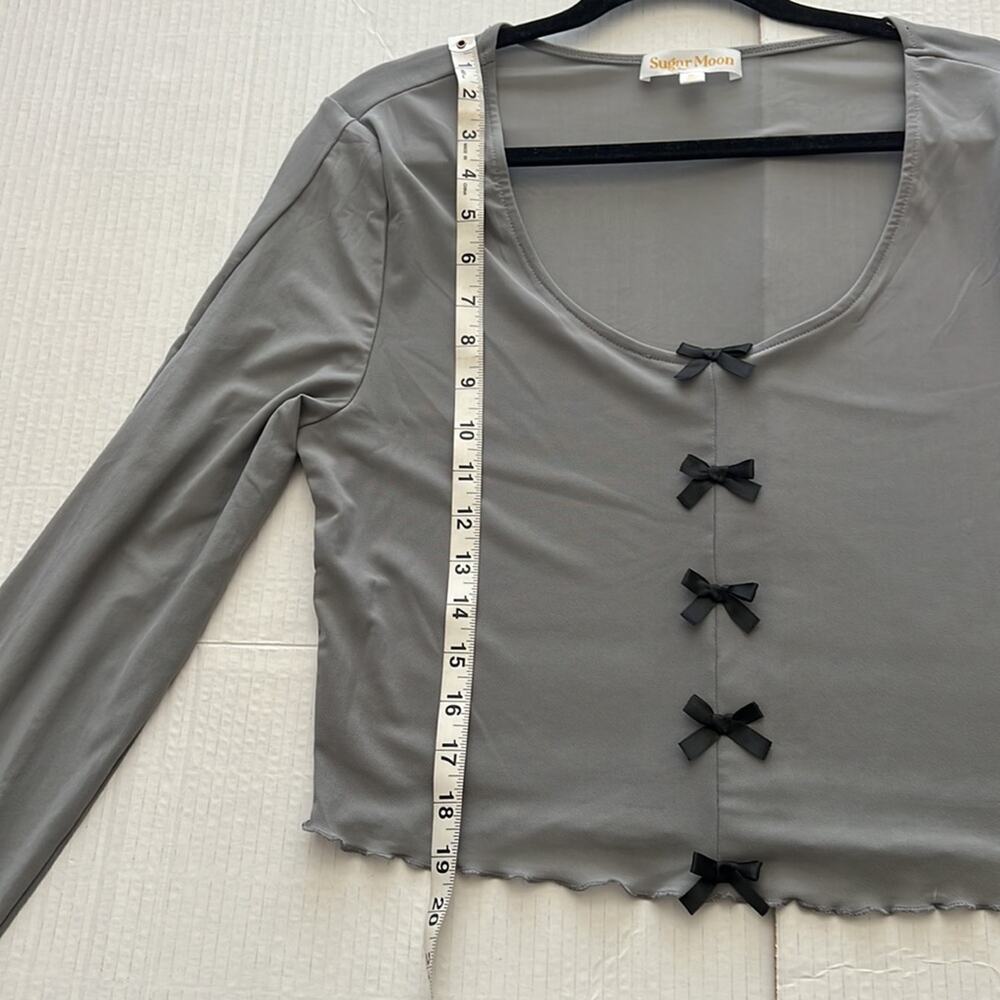 Sugar Moon Gray Mesh Bow Top XL Long Sleeve Ruffle Edge Coquette Y2K Crop - Picture 10 of 11